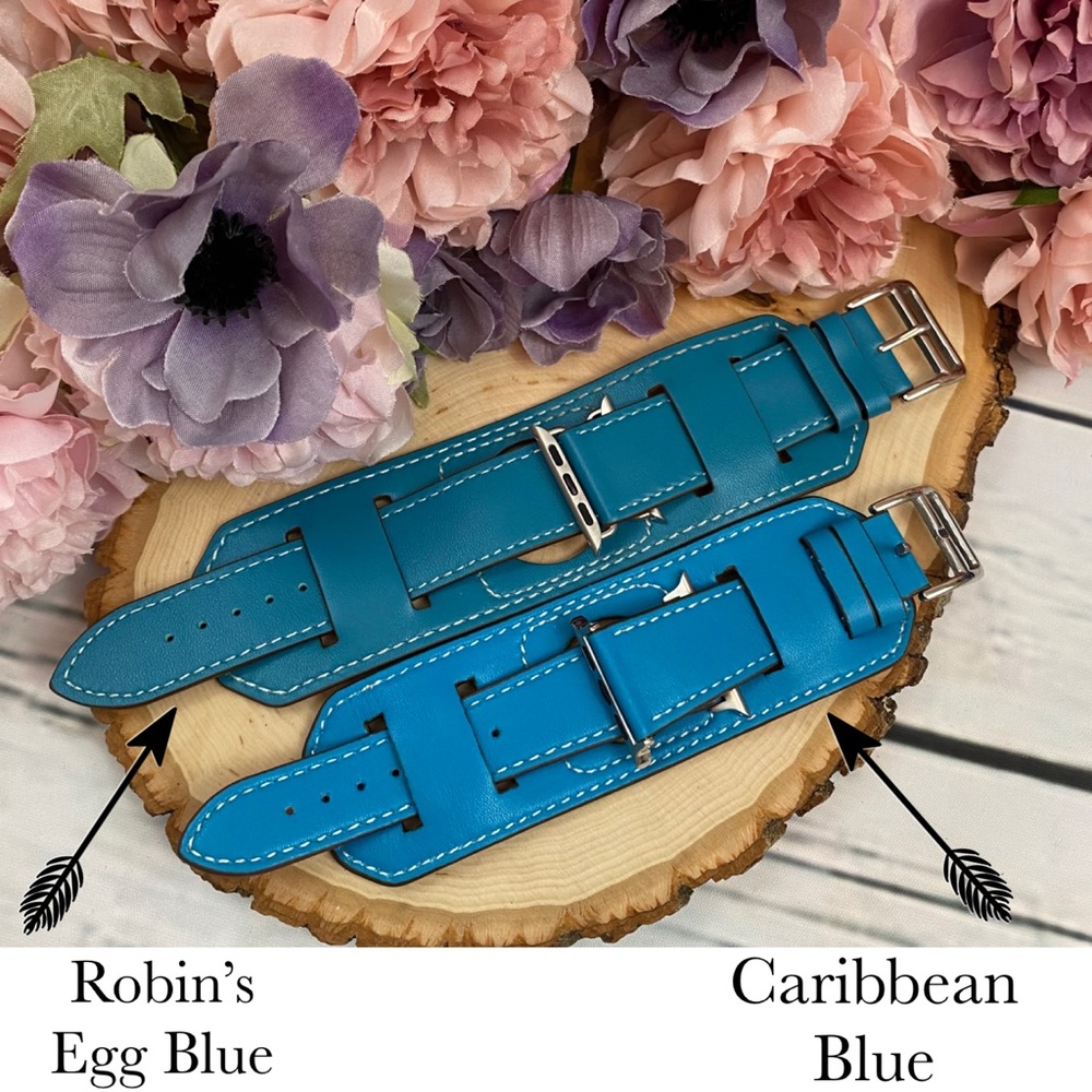 Vegan Leather Blue Double Cuff Watchband for Apple - Picture 5 of 14